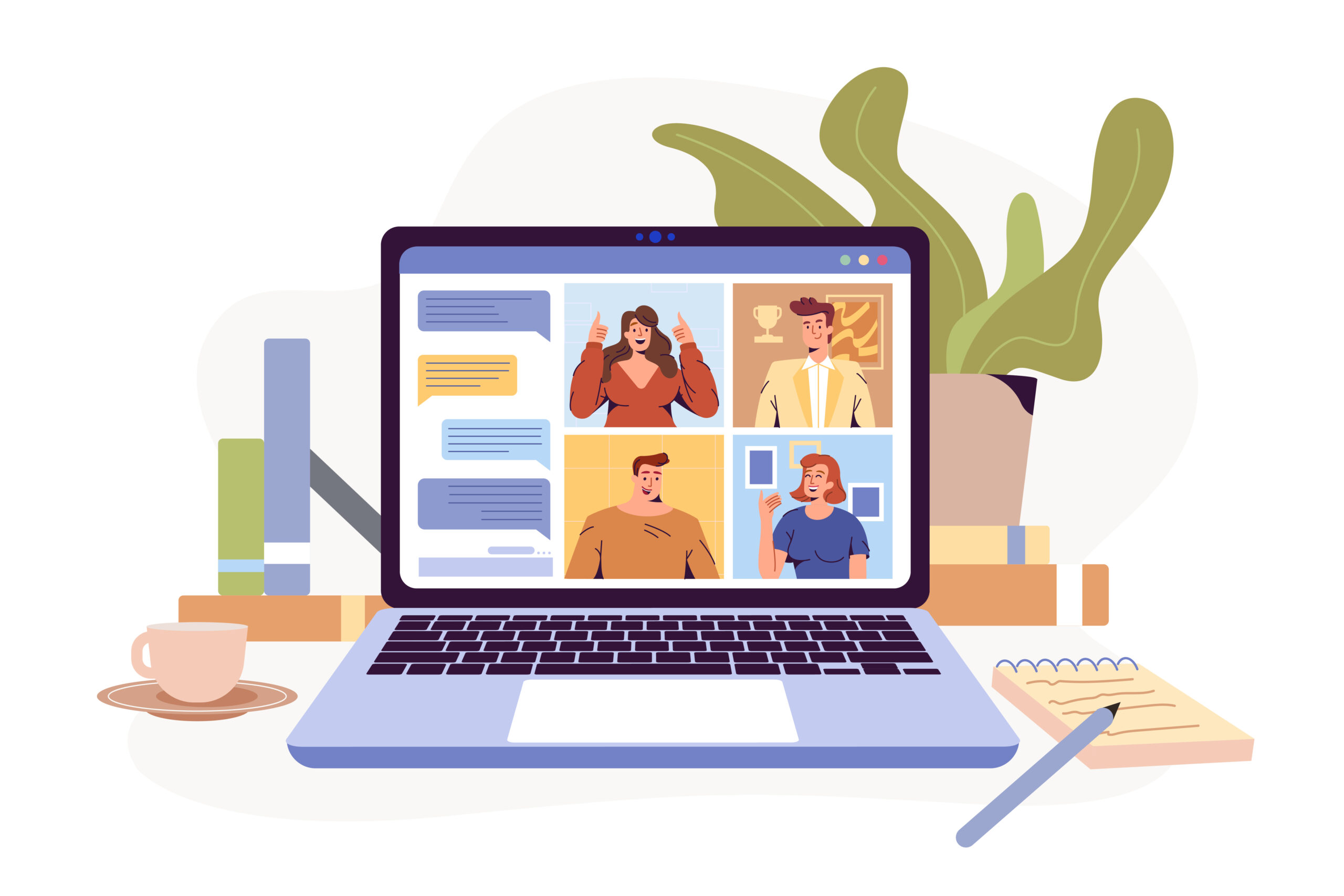 Video conference remote working flat illustration. Screen laptop with group of colleagues, people connecting together. Online communication with teleconference. Virtual meeting, work from home concept
